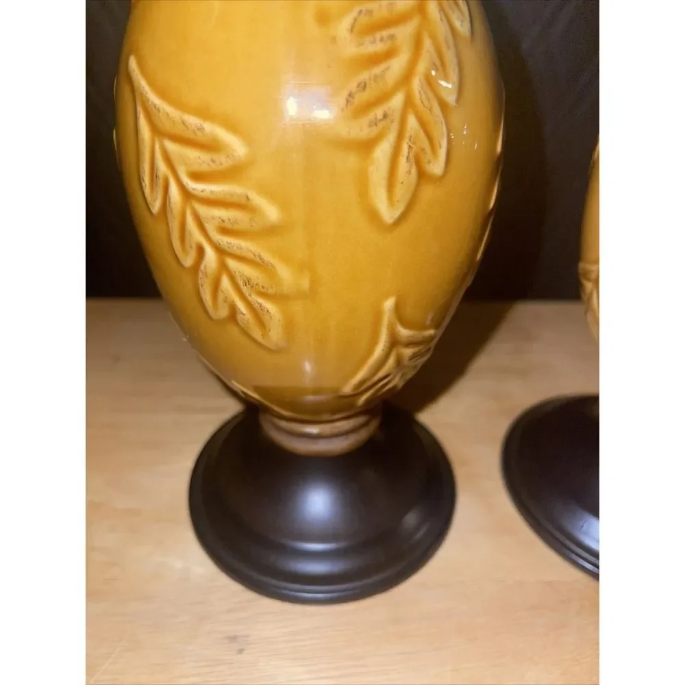 Retired Target Pair of Amber Leaf Embossed Ceramic Candle Holders Pillar Taper